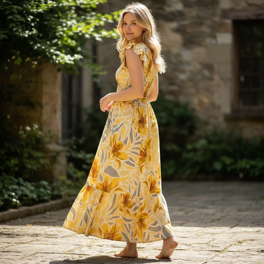 Patrons of Peace Floral Midi Dress Womens Medium Yellow Smocked Boho Flowy